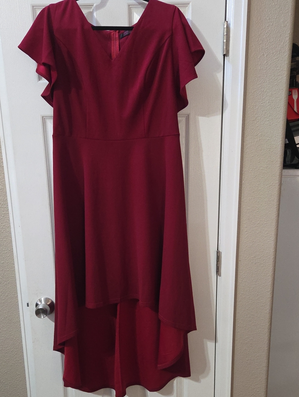 V-Neck Burgundy High-Low Flutter Sleeve Dress